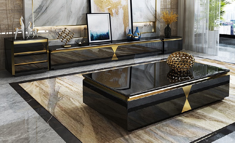 Marble Tv Stand And Center Table with golg linig For Living Room