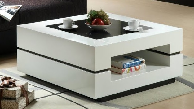 Rectagular Wood Center Table with shelves and Glass Top