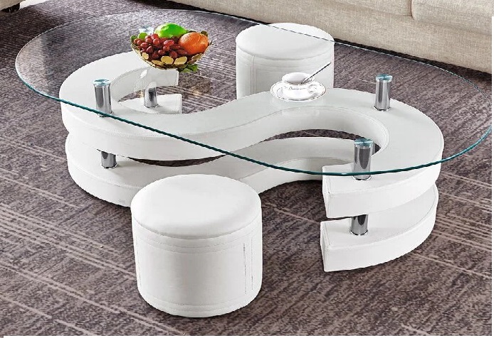 Glass Top white Wood Curved and stainless Steel Center Table