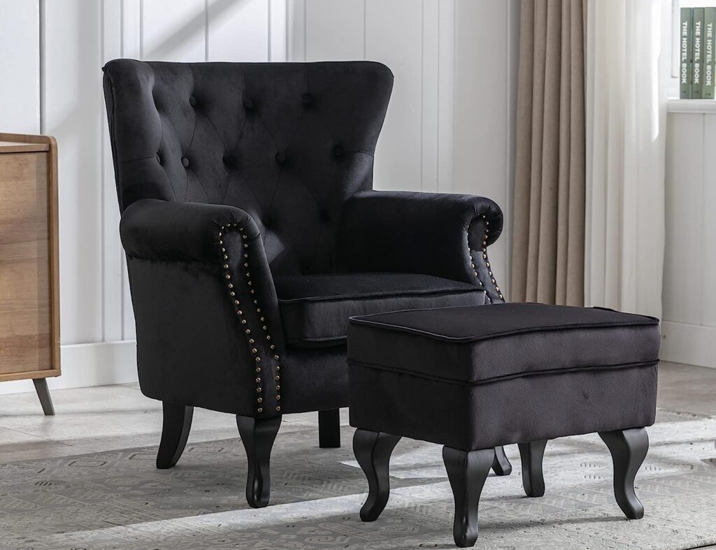 Unique Black Velvet Armchair with Armrest and a leg rest