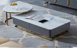 Modern Wooden rectangle Marble Center Table With round coffee table