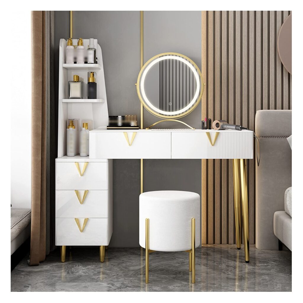 Gold legs bedside Wood makeup table with mirror, stool and Drawers