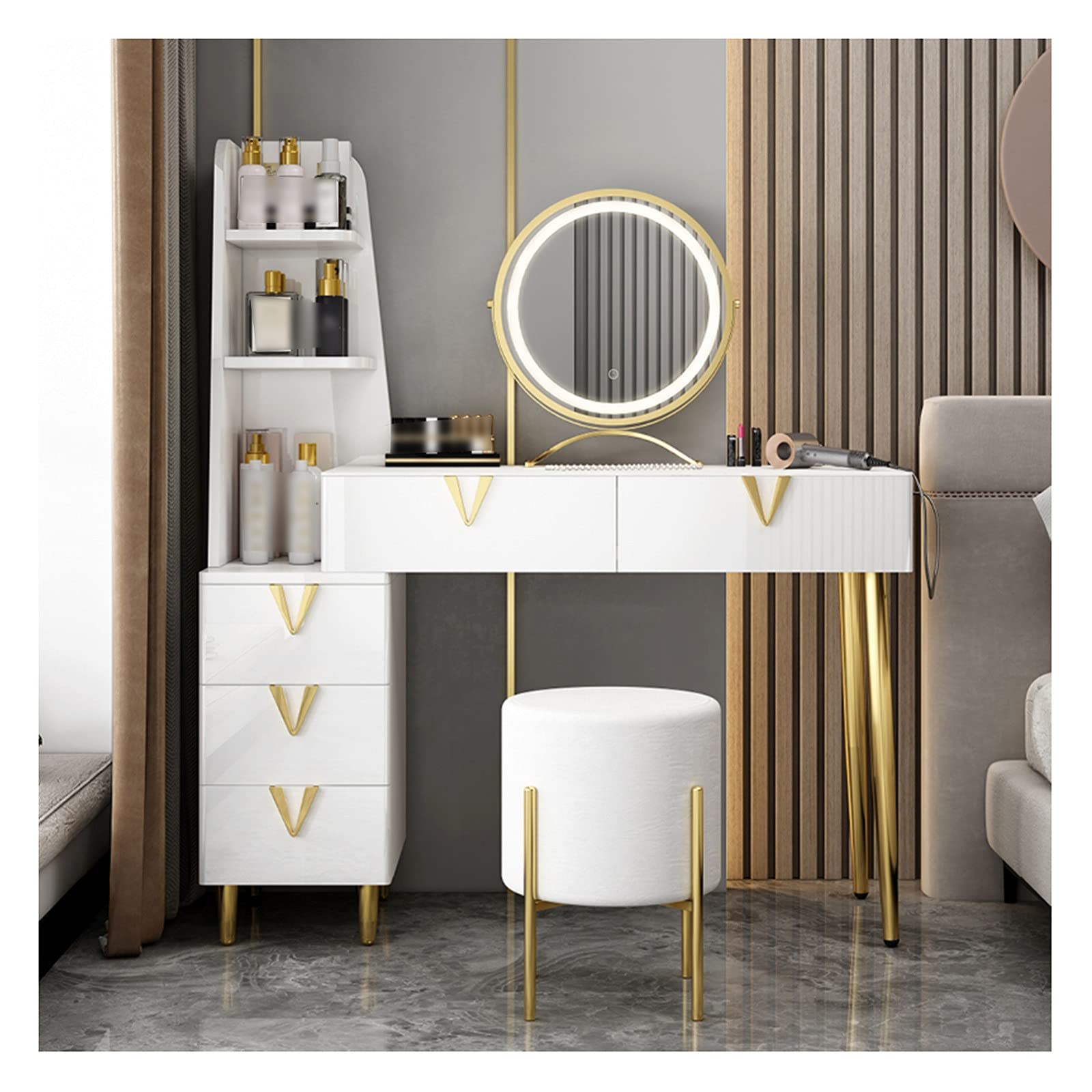 Gold legs bedside Wood makeup table with mirror,stool and Drawers