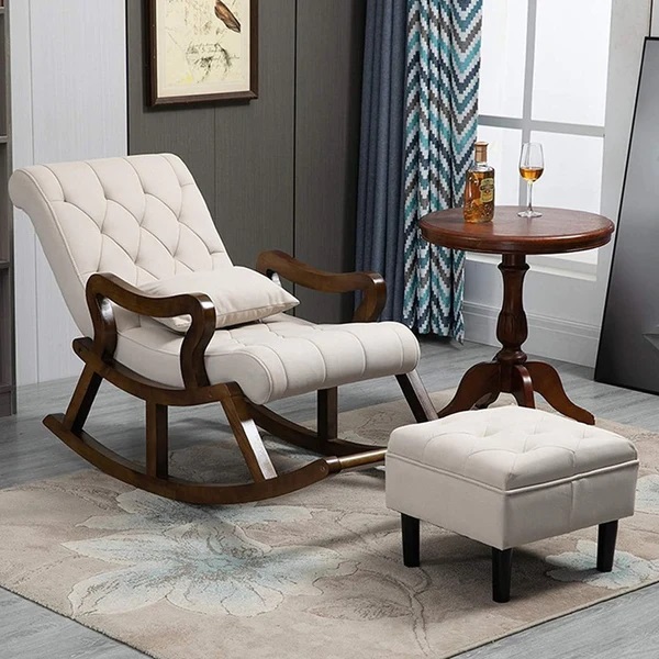 Wooden Upholstered Roking Chair with a leg Rest