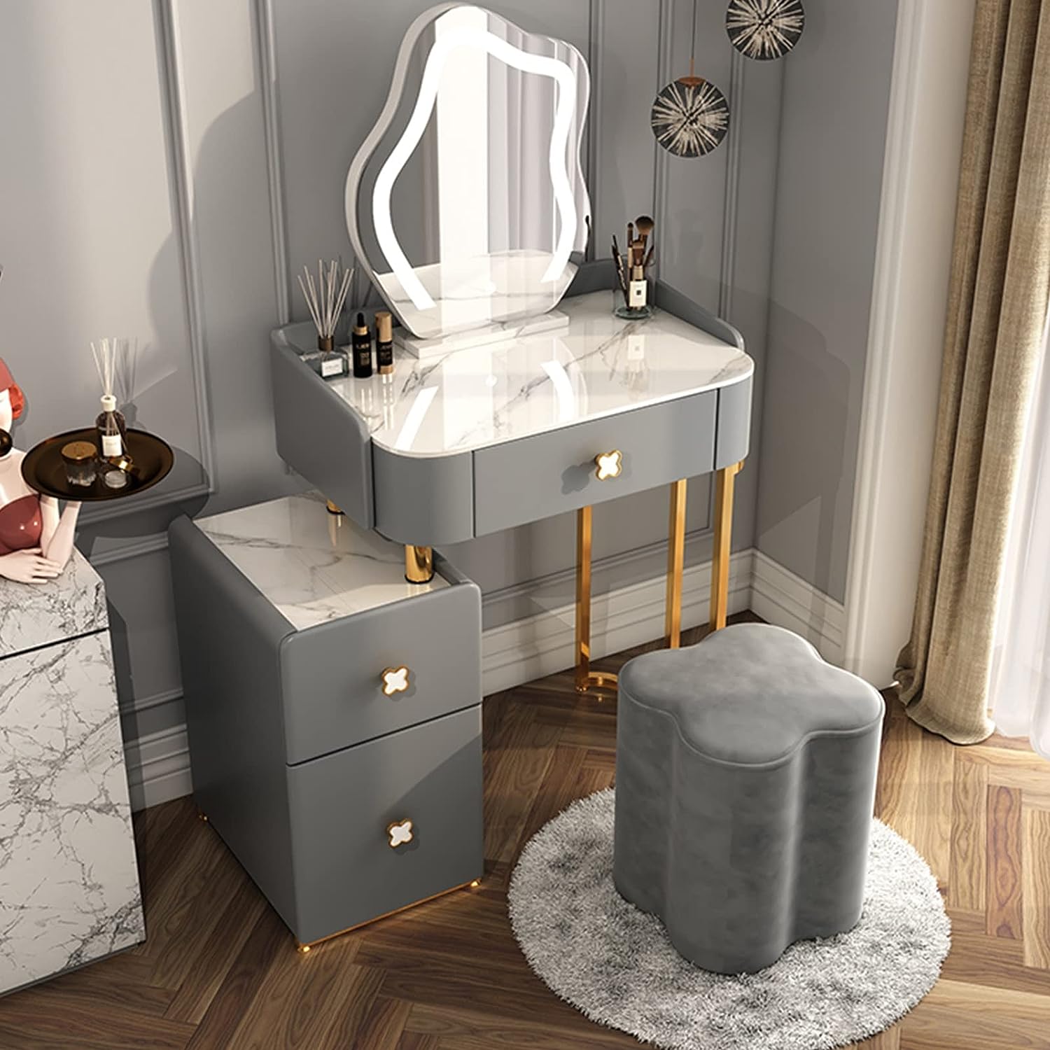 Marble dressing table with mirror and drawers
