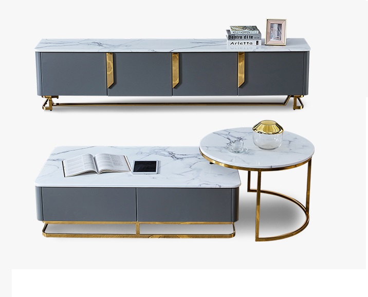 Marble Top tv stand with gold legs and center table