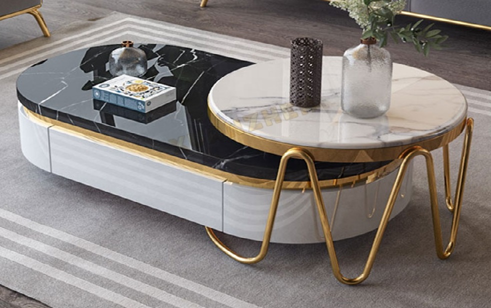 Stainless Steel Marble top oval Coffee Table with Drawers