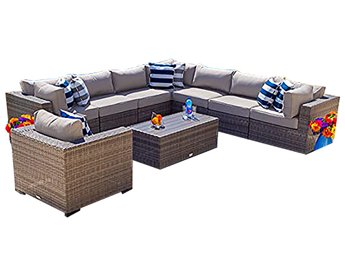 L shaped wooden outdoor Rattan sofaset with center table and glass stool in gray color