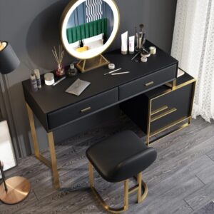 Black colored dressing table with stool and roung glass 