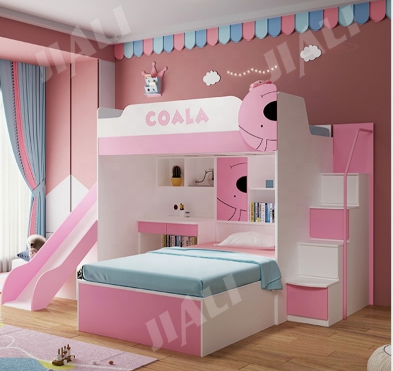 Wooden double deck bed with stairs and a children slop