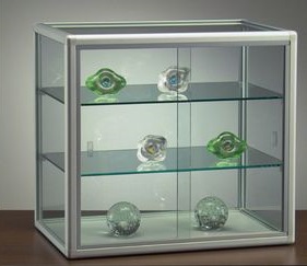 Glass Pedestal Display Table with Metal Base