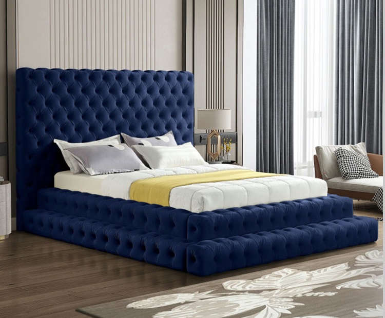 6x6 Feet Linen Upholstered Bed with Button-Tufted Headboard
