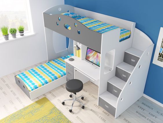 L-Shaped Double Bunk Bed with Storage Drawers