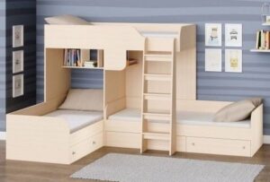 L-Shaped Wooden Triple Bunk Bed