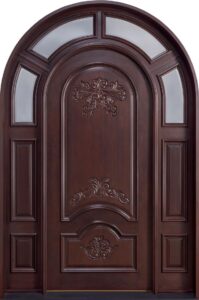 Arched Top Wooden Door with Wrought Iron Accents