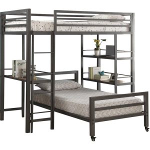 Compact Triple Bunk Bed with Built-in Desks
