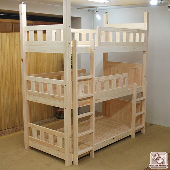 Natural Wood Finish Triple Bunk Bed