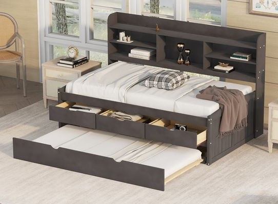 Wooden Triple Decker Bed with Bookshelves