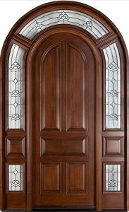 Arched Top Wooden Door with Wrought Iron Accents