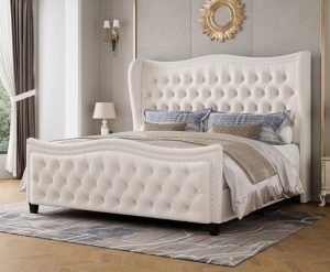 Nailhead Trim Upholstered Wingback Bed