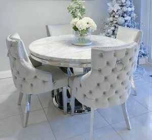Round Marble Top Dining Table with Upholstered Chairs
