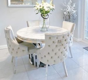 Round Marble Top Dining Table with Upholstered Chairs