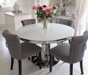 Round Marble Top Dining Table with Upholstered Chairs