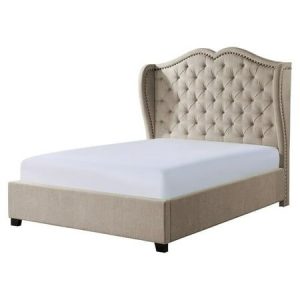 Tufted Beige Upholstered Bed with Wingback Headboard