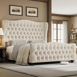 Tufted Beige Upholstered Bed with Wingback Headboard