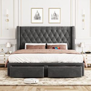 Tufted Beige Upholstered Bed with Wingback Headboard