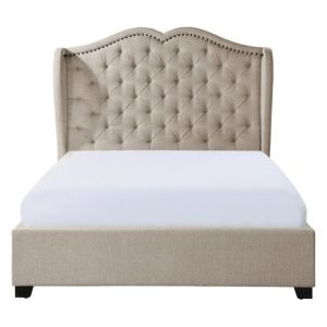 Tufted Beige Upholstered Bed with Wingback Headboard