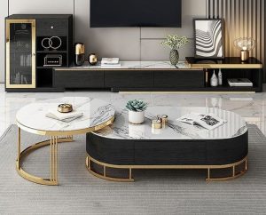 Brass-Framed TV Table and Center Table Ensemble