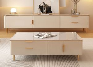 Brass-Framed TV Table and Center Table Ensemble