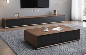 Leather-Wrapped TV Console with Matching Center Table