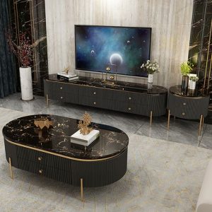 Marble-Topped TV Console and Center Table Set