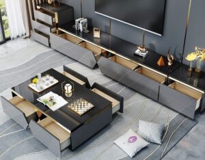 Tufted Leather TV Console with Coordinating Center Table