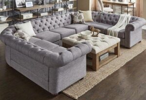Linen Upholstered Chesterfield U-Shaped Sofaset