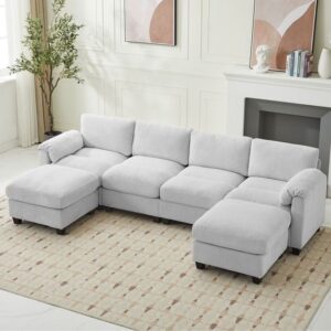 Linen Upholstered Chesterfield U-Shaped Sofaset