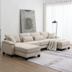 Linen Upholstered Chesterfield U-Shaped Sofaset