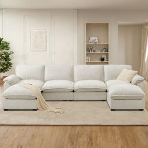 Linen Upholstered Chesterfield U-Shaped Sofaset