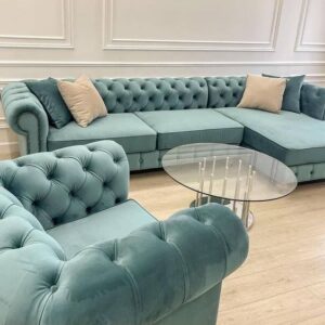 Velvet Chesterfield Sofa Set with Nailhead Trim