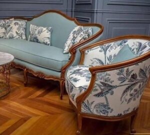 Curved Wooden Sofa Set with Carved Details