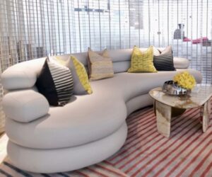Curved Fabric Sofa Set with Decorative Throw Pillows