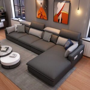 Modern Curved Leather Sofa with Adjustable Headrests