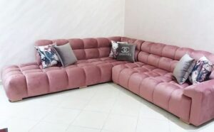 Plaid Pattern Upholstered L-Shaped Sofaset 