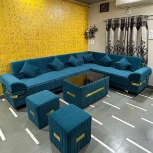 Plaid Pattern Upholstered L-Shaped Sofaset 