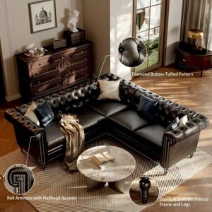 Black Leather L-Shaped Chesterfield Sofaset