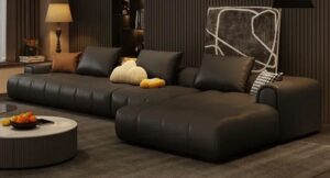 Black Leather L-Shaped Chesterfield Sofaset