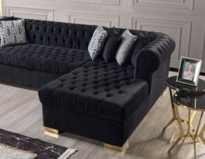 Black Leather L-Shaped Chesterfield Sofaset