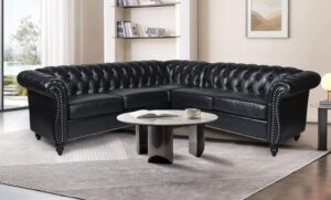Black Leather L-Shaped Chesterfield Sofaset